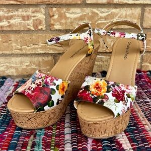 Cityclassified Floral Cork Wedges - Red and Yellow